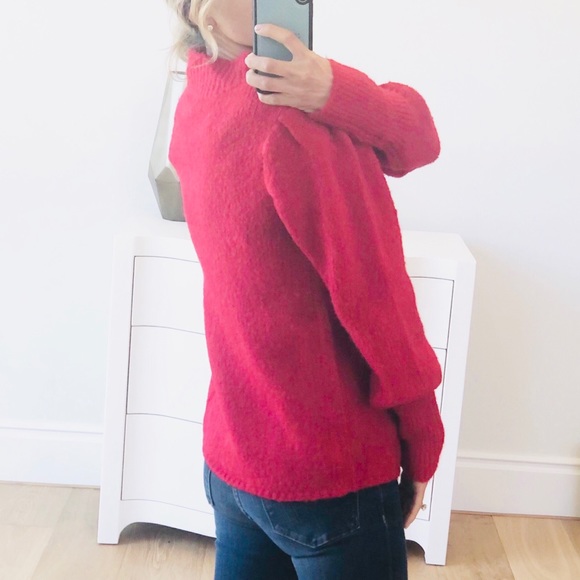 Red Puff Sleeve Fuzzy Sweater - Picture 6 of 7